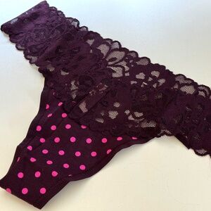 Victoria's Secret Women's S Lace Waist Cotton Thong Panty Bordeaux Purple Dot